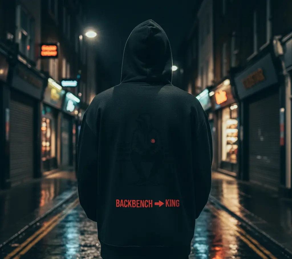 A figure in a Backbencher hoodie stands in a wet London street at night