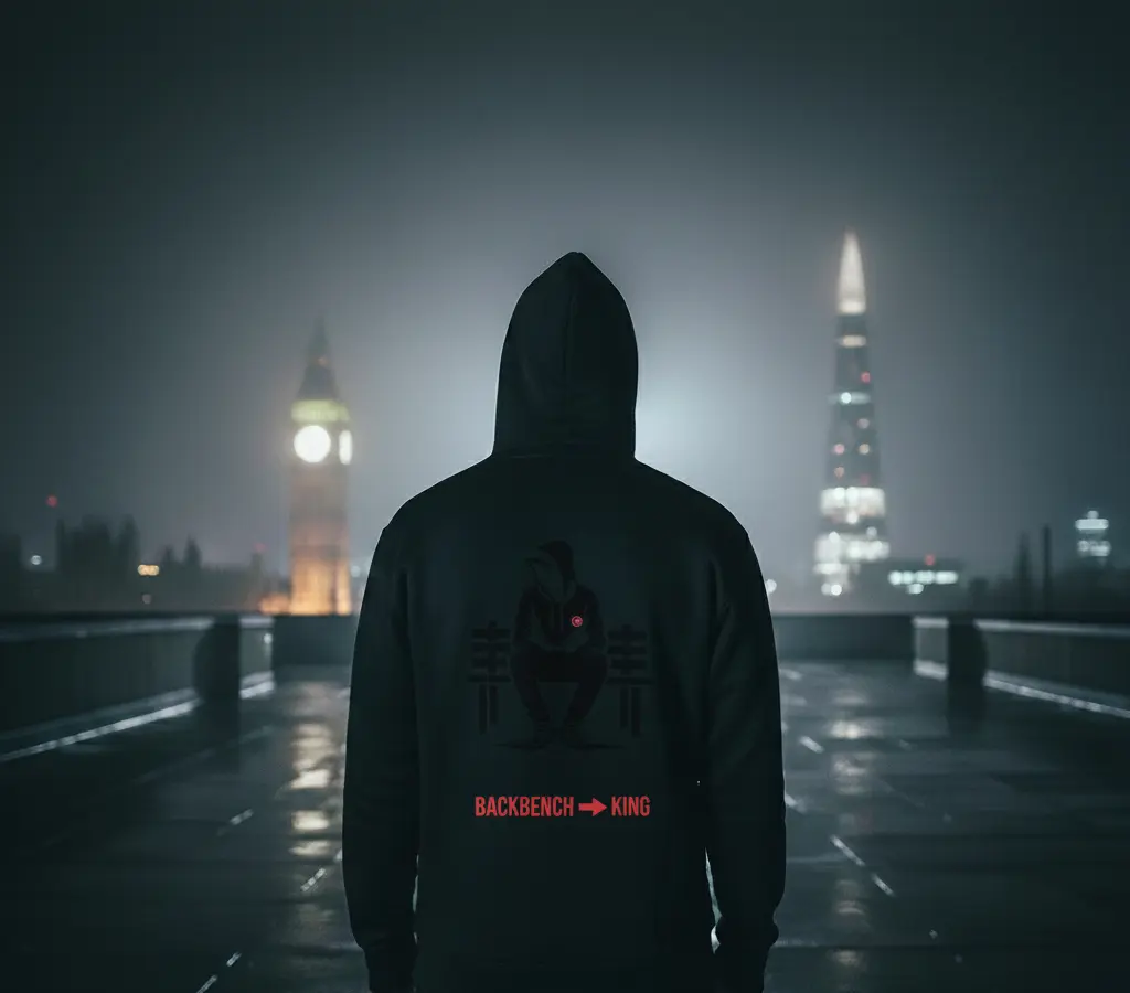 A figure in a black Backbencher hoodie looks out at Big Ben and the Shard on a foggy London night