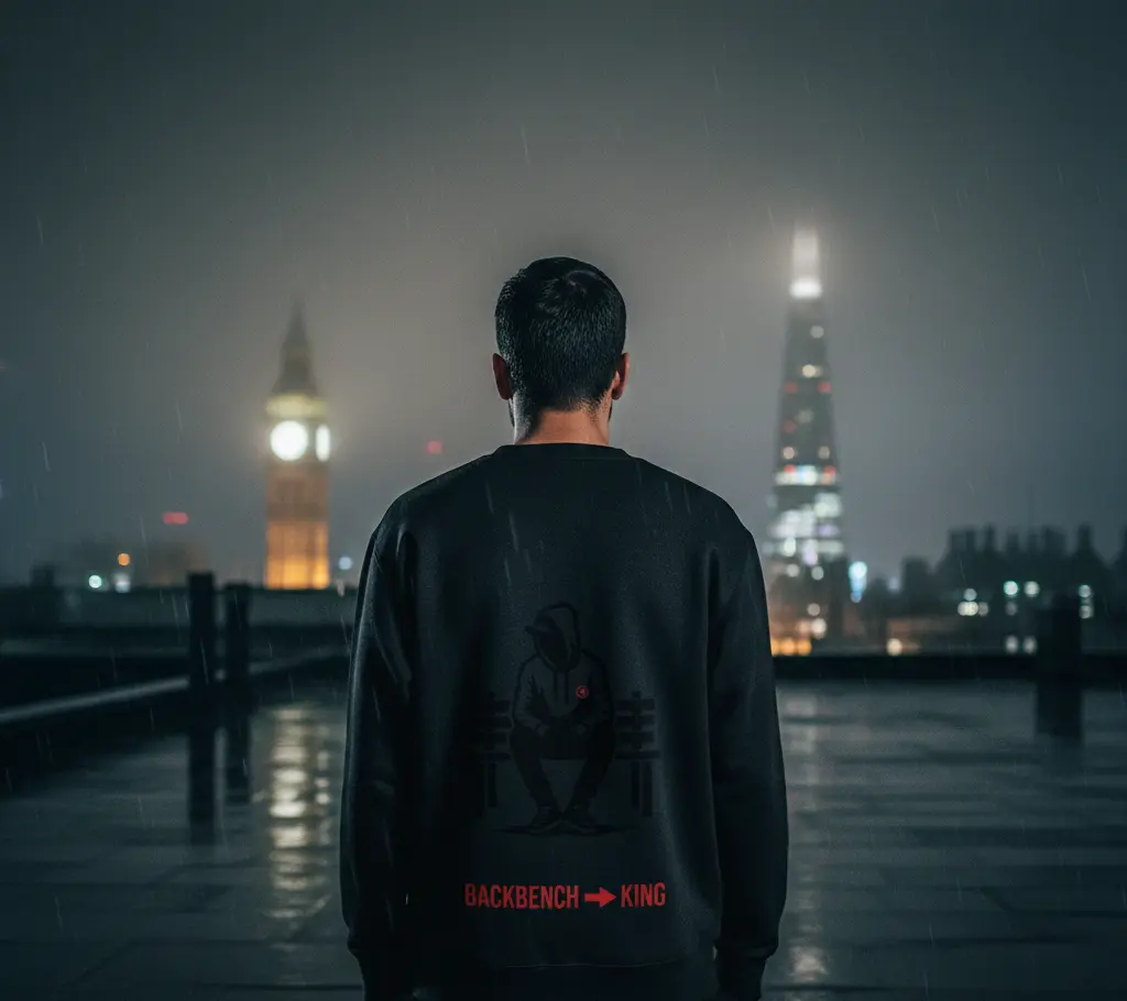 A man in a black Backbencher crewneck stands on a rainy London bridge at night