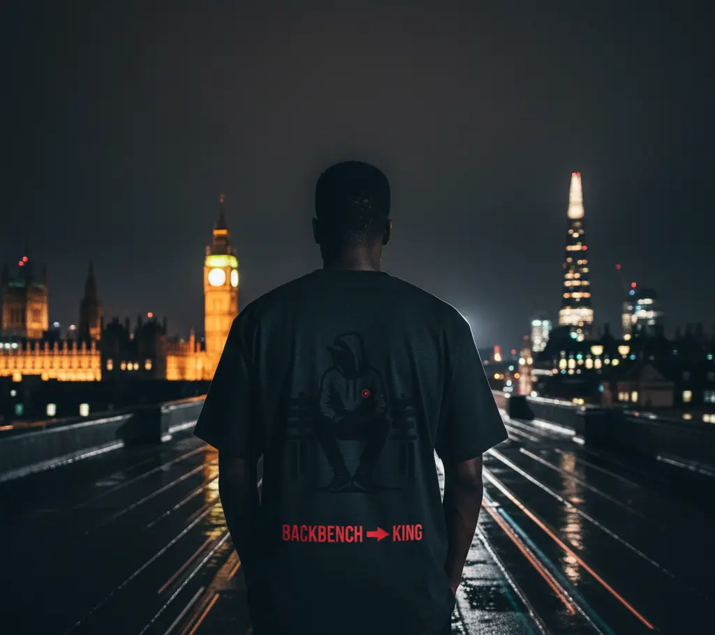 A man in a washed black Backbencher tee stands on a London bridge at night, light trails behind him