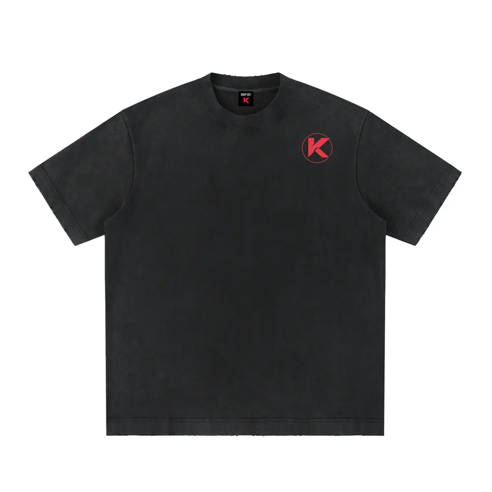 The Rise heavyweight vintage washed tee in washed black, front with red K chest logo
